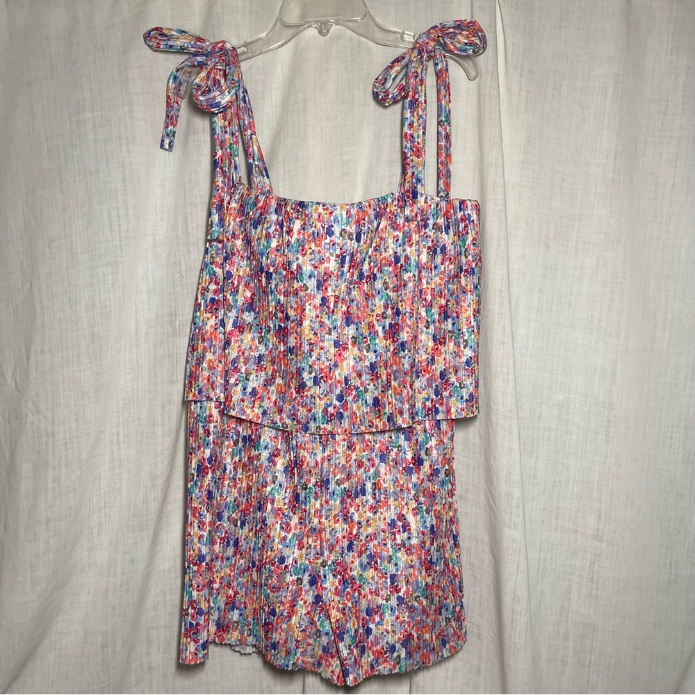 Amanda Uprichard Multicolor Floral Confetti Romper. Shoulder Ties. Lined. NWT